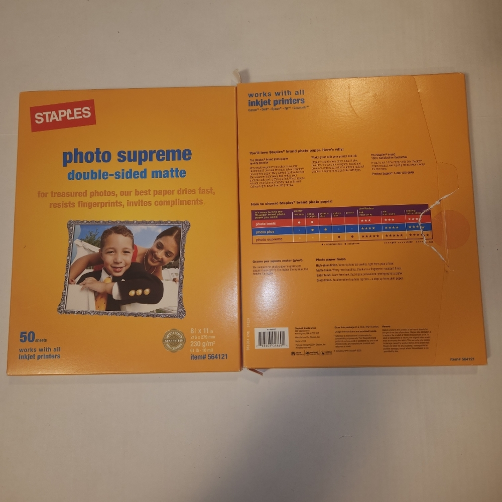 New In Package Box 100 Qty Staples Photo Supreme Double-Sided Matte Paper 8.5x11